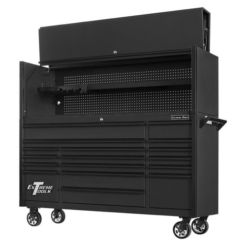 Extreme Tools 72" DX Series 17-Drawer 21" Deep Roller Cabinet w/Hutch - Matte Black w/Black Drawer Pulls