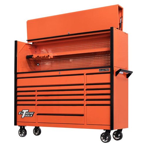 Extreme Tools 72" DX Series 17-Drawer 21" Deep Roller Cabinet w/Hutch - Orange w/Black Drawer Pulls