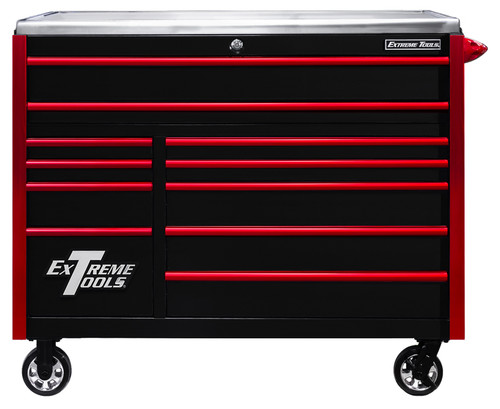 Extreme Tools EXQ Series 55" 11-Drawer Professional Roller Cabinet w/ Stainless Steel Top - Black w/Red Drawer Pulls