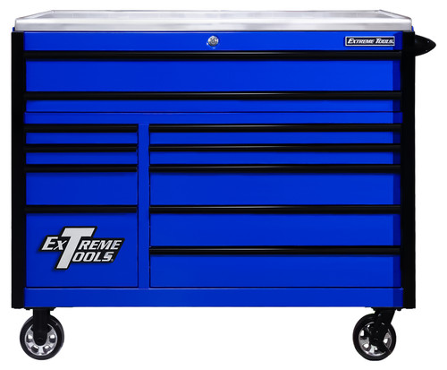 Extreme Tools EXQ Series 55" 11-Drawer Professional Roller Cabinet w/ Stainless Steel Top - Blue w/Black Drawer Pulls