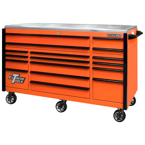 Extreme Tools EXQ Series 72" 17-Drawer Professional Triple Bank Roller - Orange w/Black Drawer Pulls