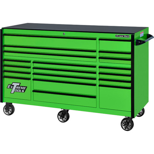 Extreme Tools 72" RX Series 19-Drawer 25" Deep Roller Cabinet, 150 lb Slides - Green w/Black Handles